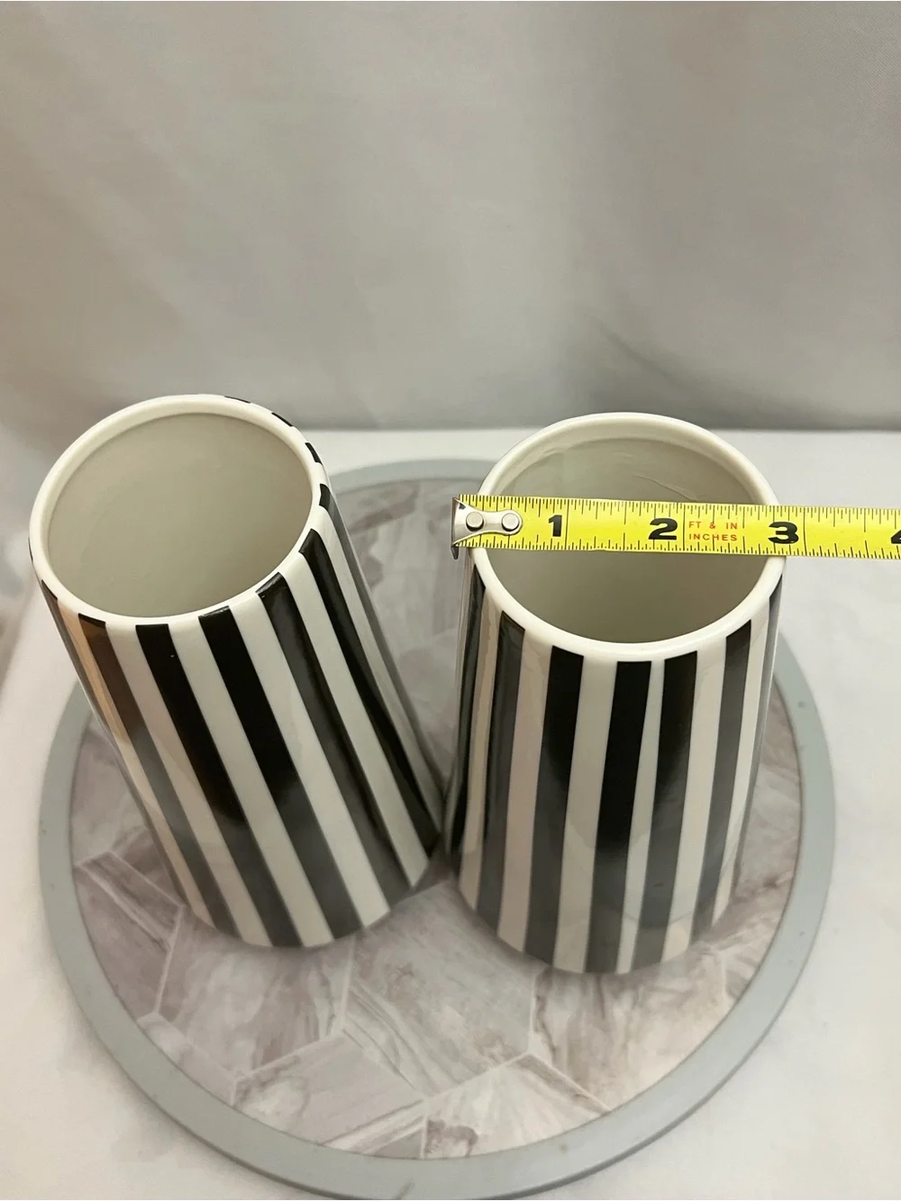 Modern Black White Striped Ceramic Bud Vases Set Of 2 Minimalist Decor 9.5”